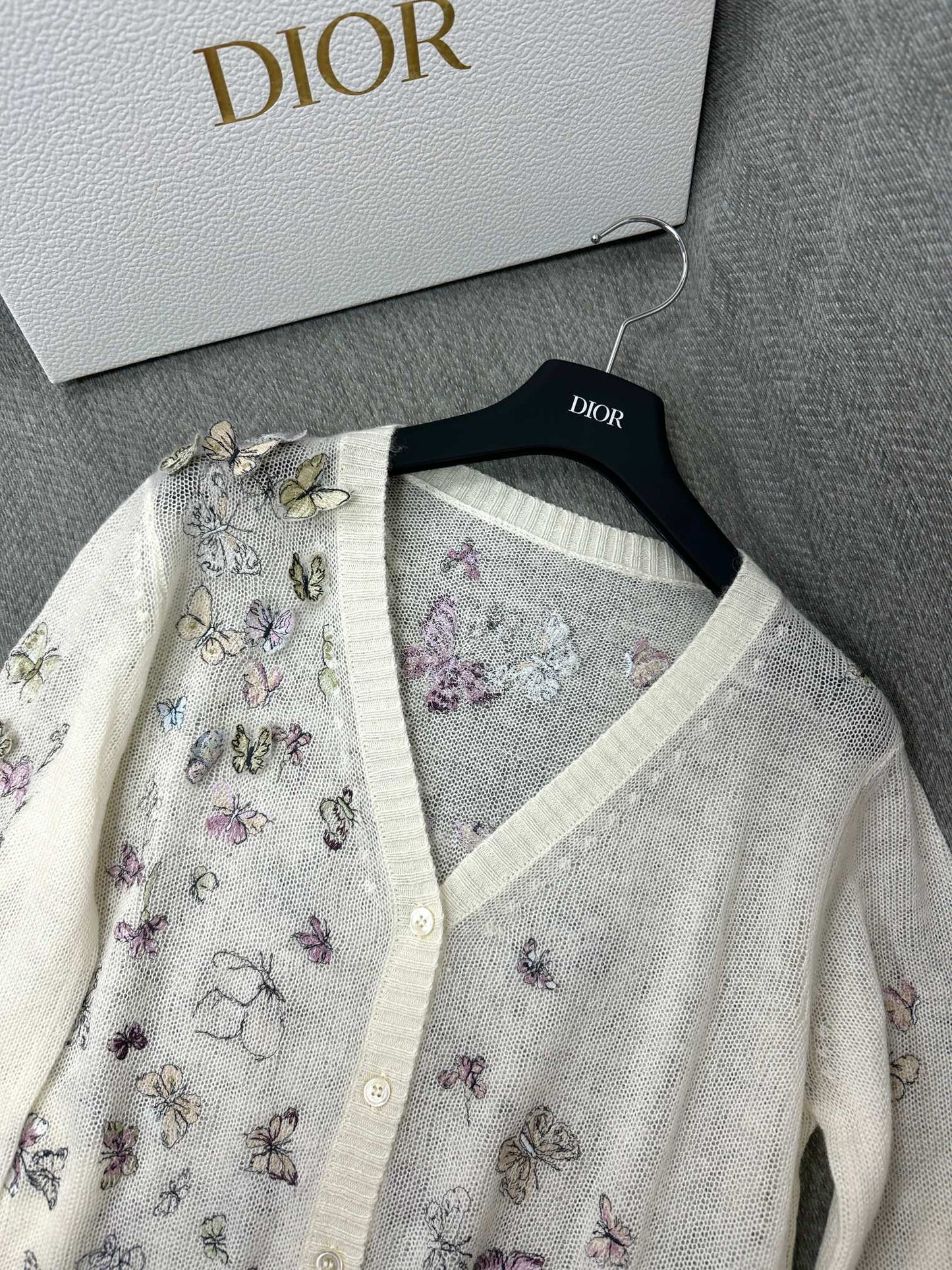 CD Butterfly Embroidered Cardigan White Alpaca Wool Cashmere 345330