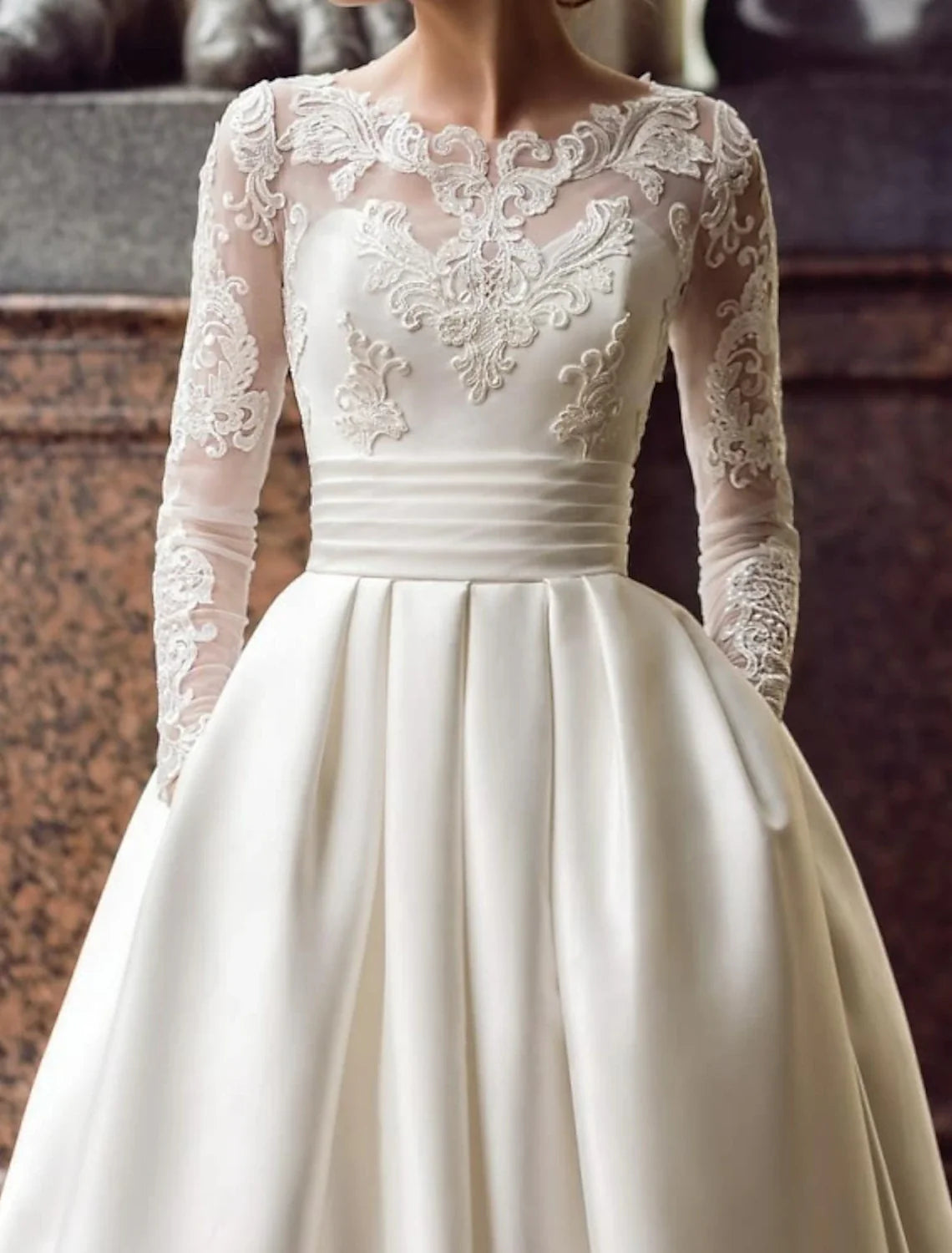 omberprom Engagement Vintage Formal Wedding Dresses Ball Gown Illusion Neck Long Sleeve Court Train Satin Bridal Gowns With Appliques Pocket