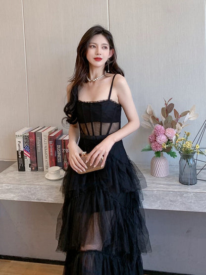 Black Straps Layers Straps Tulle Long Party Dress, A-line Black Tulle Prom Dress