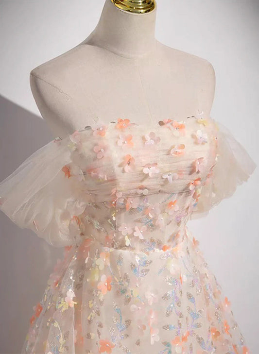 Beautiful A-line Off Shoulder Flowers Lace Formal Dress, Long Prom Dress
