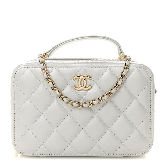 Metallic Lambskin Quilted Top Handle Vanity Case Silver