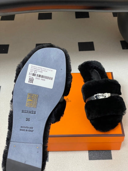 Hermes Giulia Kelly Buckle H-Slippers Black in Wool 594329