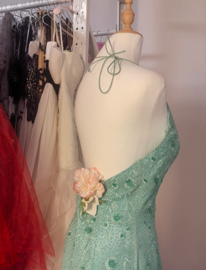 Elegant Mint Green Fitted Beaded Halter Neck Backless Long Prom Dress Evening Dress P4193