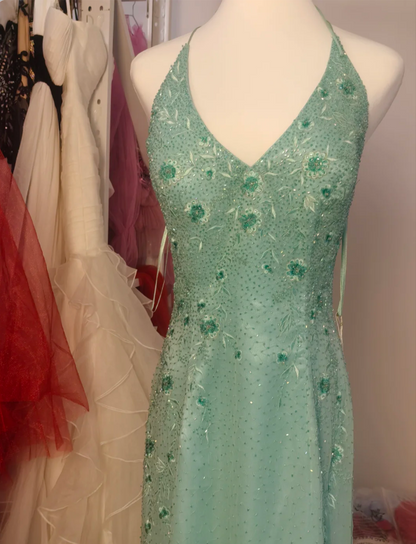 Elegant Mint Green Fitted Beaded Halter Neck Backless Long Prom Dress Evening Dress P4193