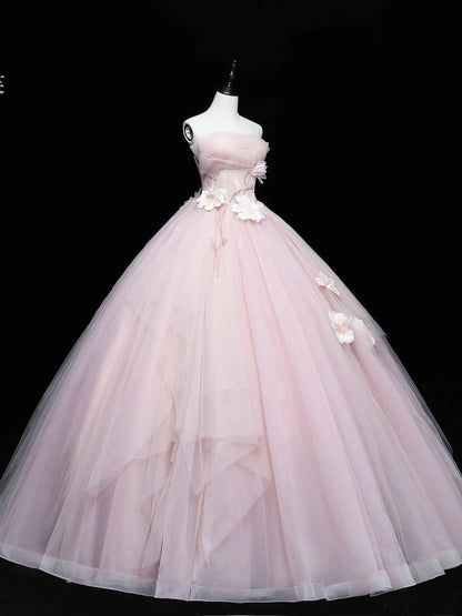 Lovely Pink Tulle Ball Gown Long Formal Dress, Pink Flowers Long Sweet 16 Dress