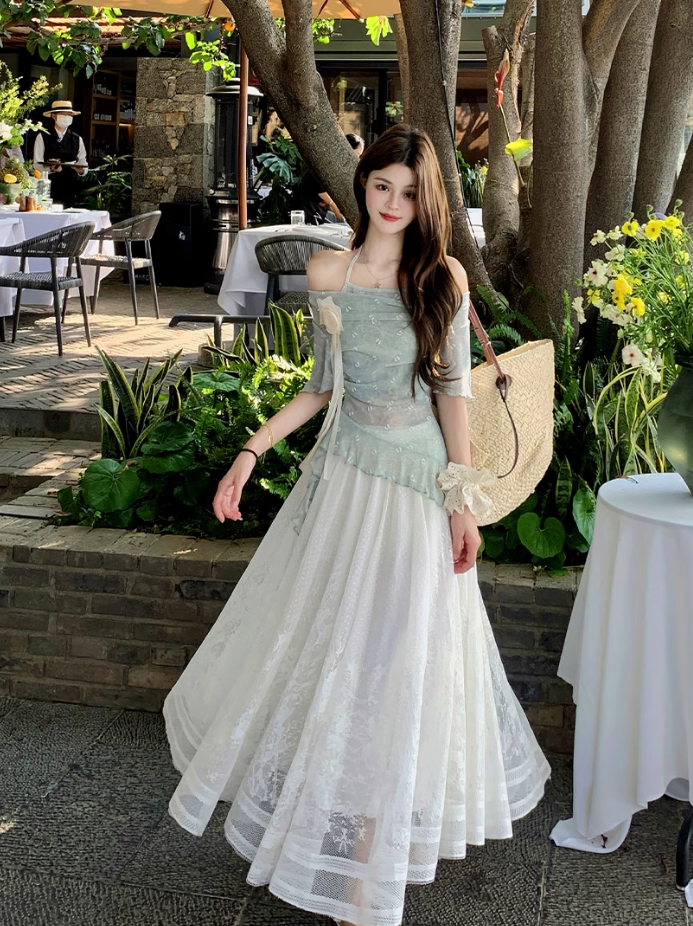 Fairy fake two-piece irregular halter neck short-sleeved T-shirt complete skirt suit R1757