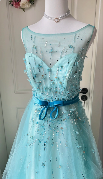 Dreamy Princess Blue A-line Round Neck Sequined Tulle Long Prom Dress Evening Dress P4195