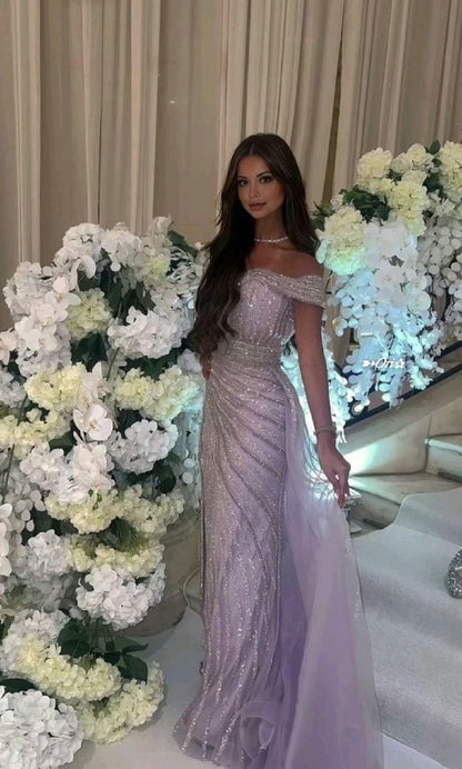 Vintage Lilac Sequin Evening Dress Sheath Off-the-shoulder Long Prom Dress TP5055