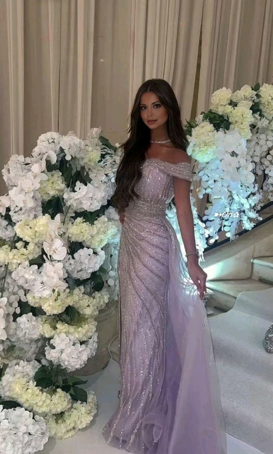 Vintage Lilac Sequin Evening Dress Sheath Off-the-shoulder Long Prom Dress TP5055