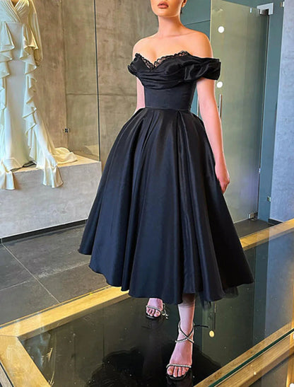 omberprom A-Line Prom Dresses Elegant Dress Masquerade Formal Dresses Wedding Party Tea Length Short Sleeve Off Shoulder Fall Wedding Guest Satin