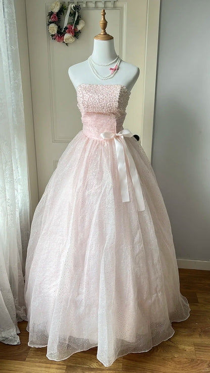 Princess Pink Strapless Bow Sequined Tulle Ball Gown Evening Dress Sweet 16 Dress P4198