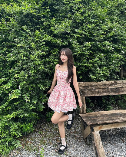 Pink small floral suspenders waist slimming and slimming cute mini skirt homecoming dress R4040