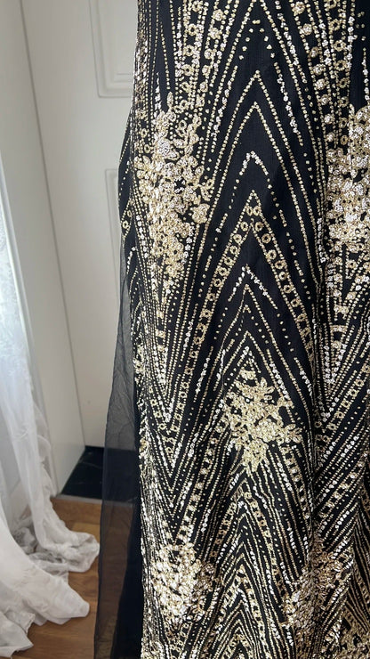 Vintage Black and Gold Mermaid Strappy Sequin Embroidered Long Prom Dress Evening Dress P4199