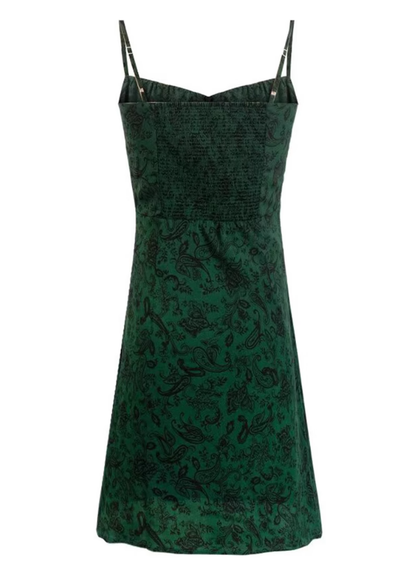 2025 Summer New Retro Sexy Floral Green A-line Short Suspender Dress R0934