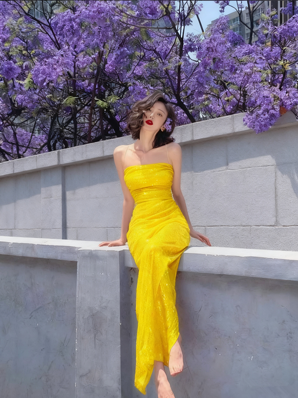 Charming purple sequin sexy waist tube top maxi prom dress, homecoming dress R3104