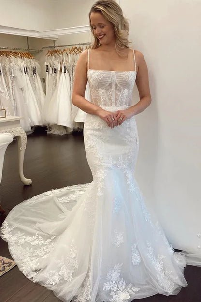 omberprom Elegant Lace Spaghetti Straps Mermaid Long Wedding Dress