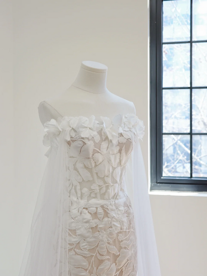 Apricot-colored white floral print off-the-shoulder fitted long ball gown/bridal dress R8499