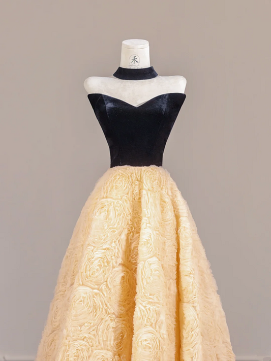 Black strapless bodice with apricot rose floral skirt, long ball gown R8264