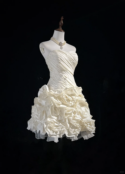 White tube top pleated waist bud skirt short skirt homecoming dress R4931