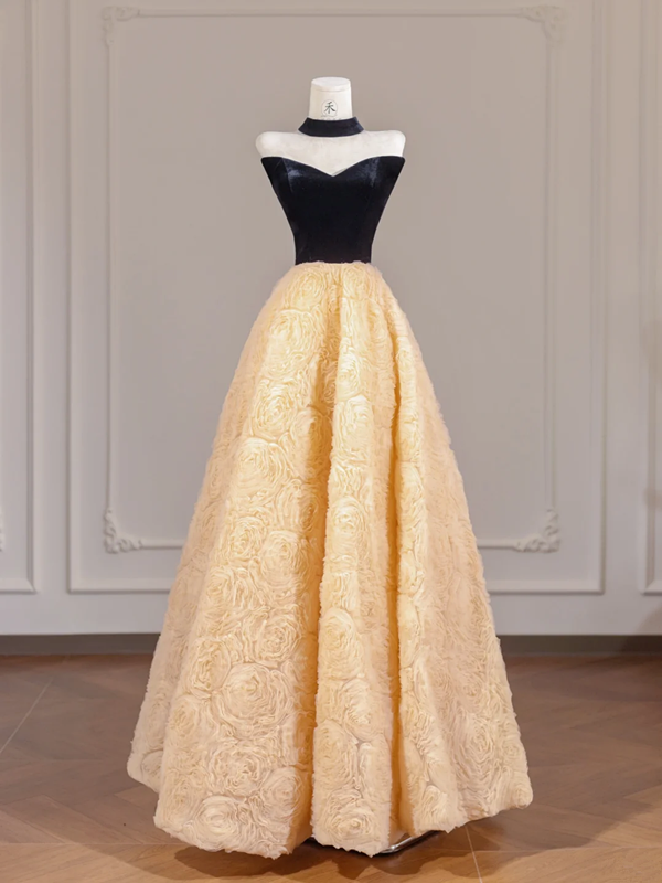 Black strapless bodice with apricot rose floral skirt, long ball gown R8264