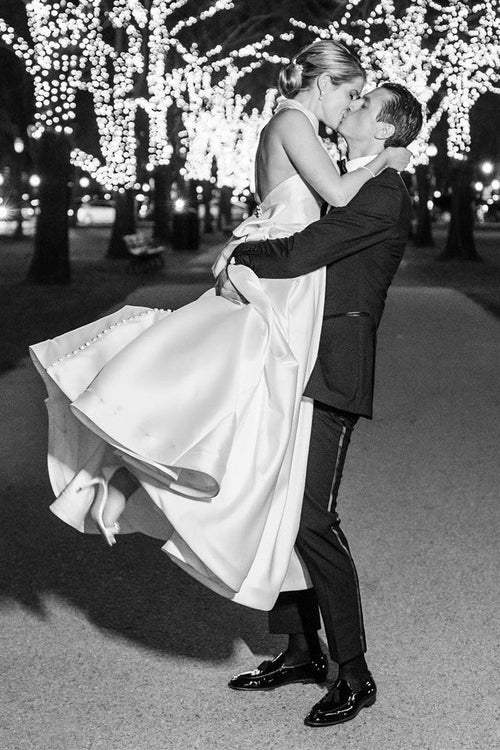 omberprom Elegant Halter A-line Satin Wedding Dress with Buttons