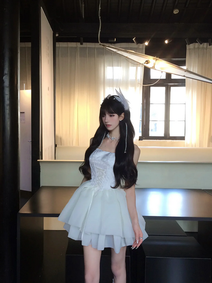 White tube top waist slim fit puffy princess skirt homecoming dress R5091