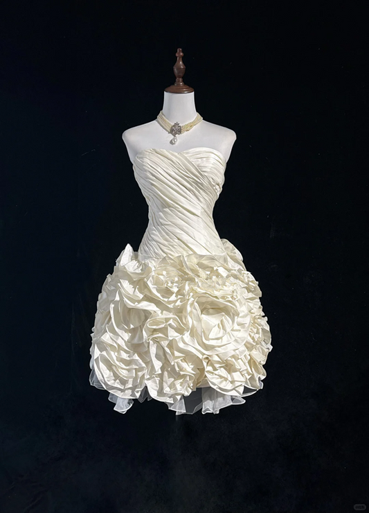 White tube top pleated waist bud skirt short skirt homecoming dress R4931