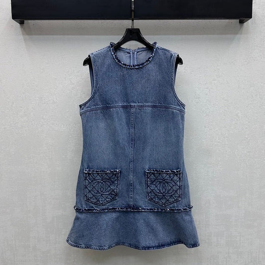 Chanel 2026 Embroidered Denim Vest Dress Blue Cotton 356148