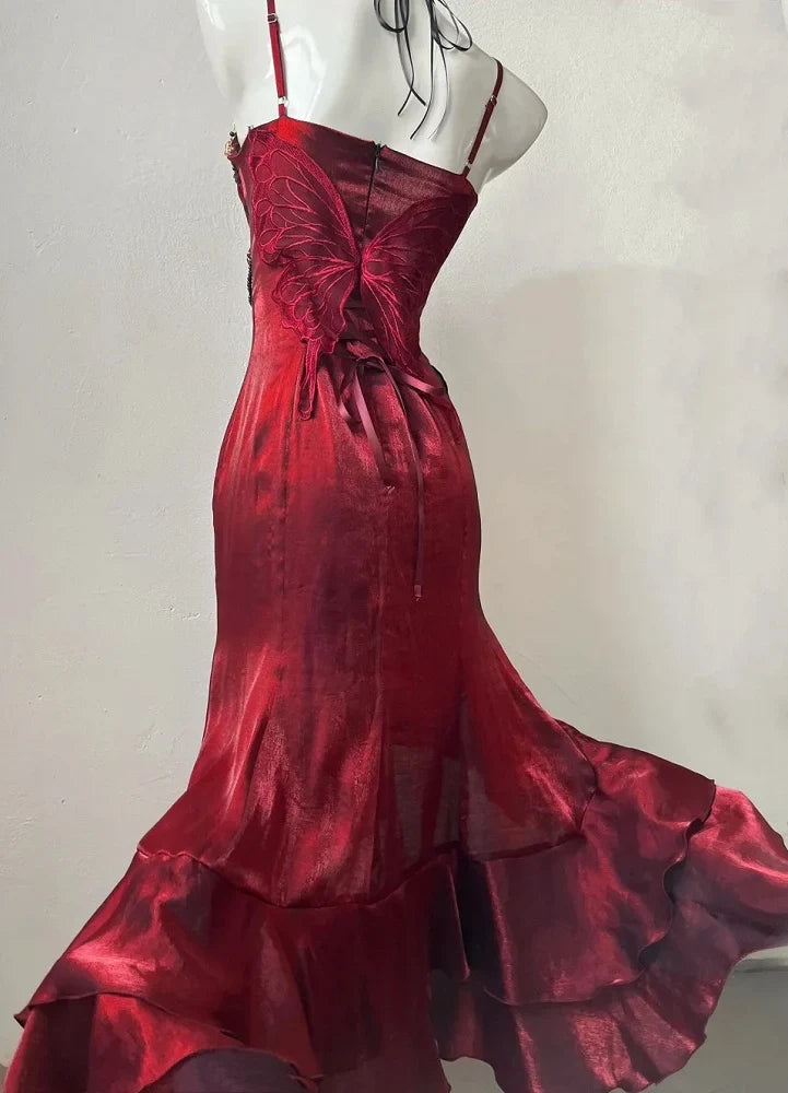 Beautiful Burgundy Spaghetti Strap 3D Rosette Detachable Flounce Sleeves Design Satin Prom Dress Evening Dress TP2764