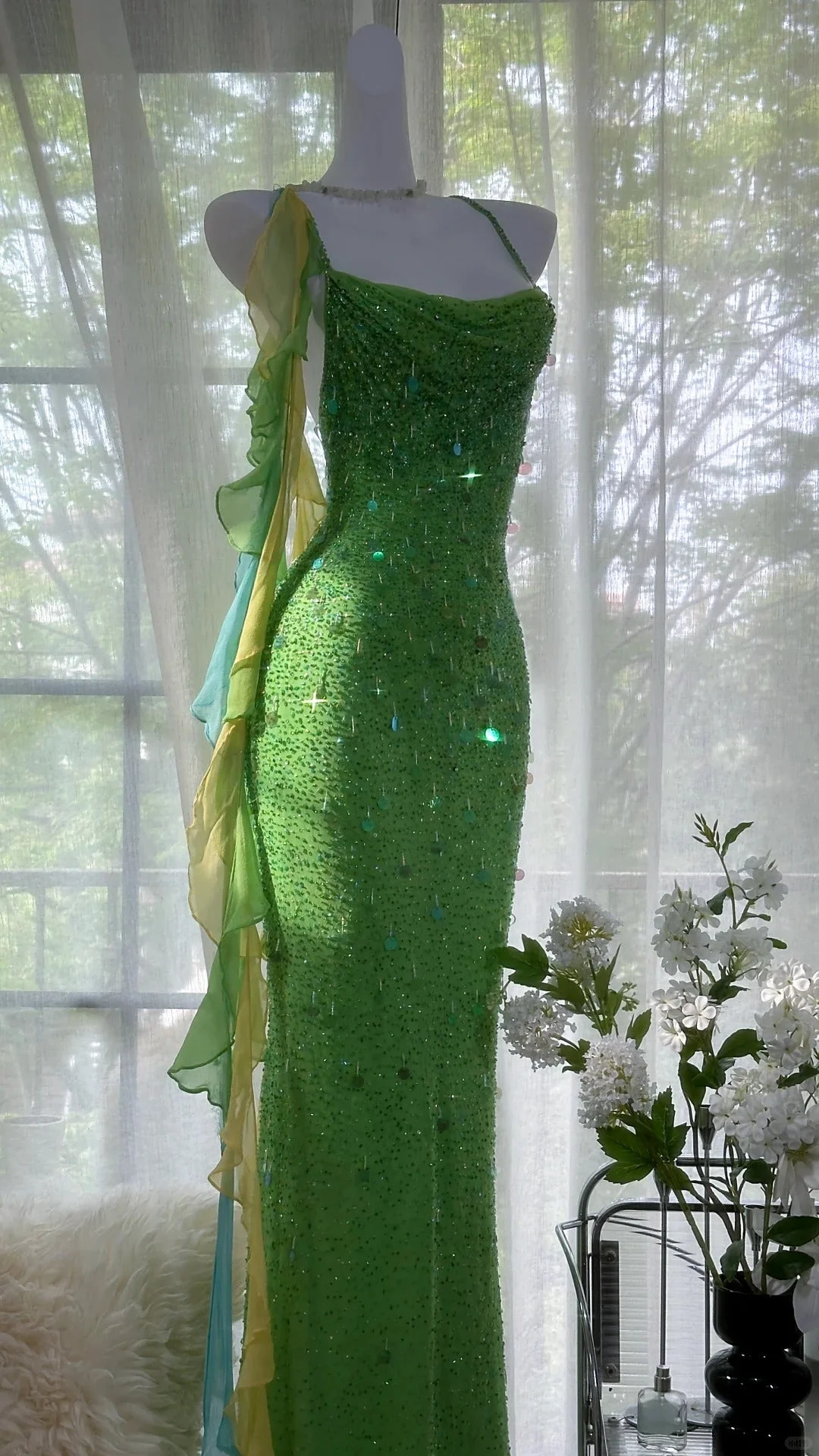 Beautiful Exquisite Sequin Beaded Green Long Chiffon Evening Gown Birthday Party Gown Y9797