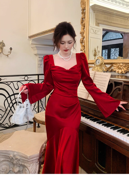 Chic Red Satin Mermaid Long Evening Dress Formal Birthday Prom Gowns SP1647