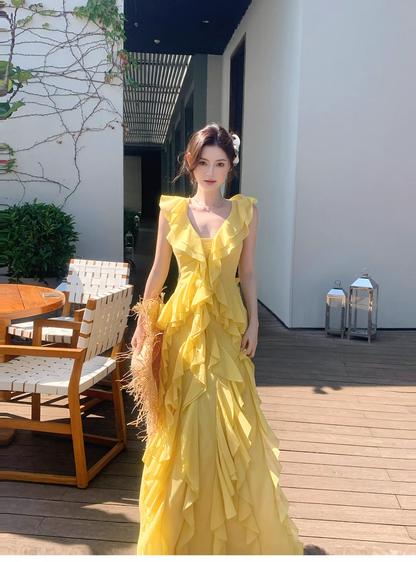 Classy Yellow Chiffon Layered Ruffles Mermaid Evening Dress Long Birthday Dress SP1648