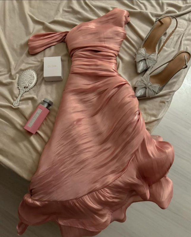 Pink Asymmetric Ruched Mermaid Evening Dress _ Satin Ruffled Formal Gown TP5072