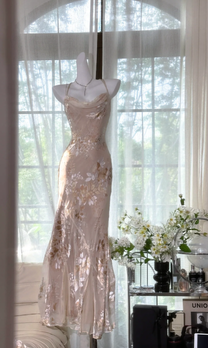 Pretty Spaghetti Straps Chiffon Print Floral Mermaid Long Party Dress Evening Gown