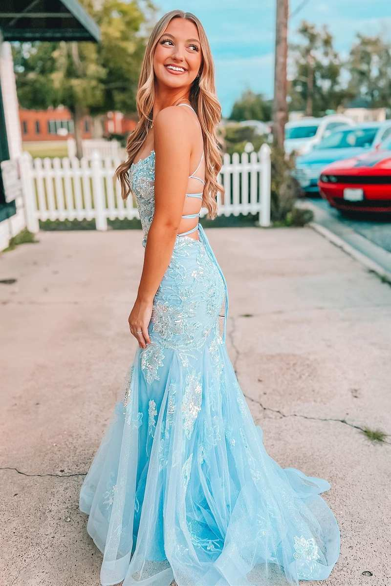 Light Blue Appliques Straps Lace-Up Mermaid Long Prom Dress Y1746