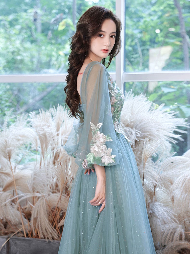 Green tulle lace tea length prom dress, green tulle formal dress