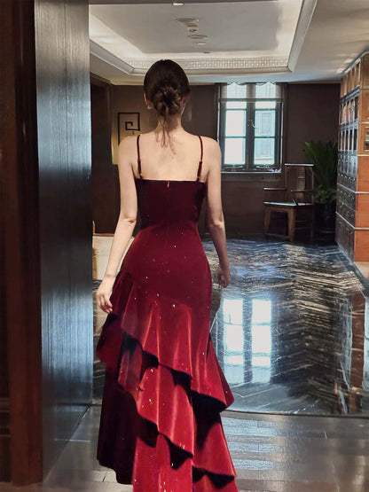Wine Red Velvet Straps Layers Long Formal Dress, Wine Red Velvet Floor Length Prom Dress