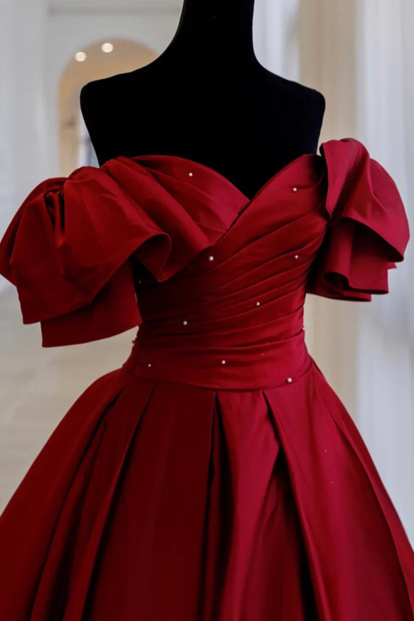 Gorgeous Burgundy V-neck Satin Puffy Sleeves Beading Sweet 16 Quinceanera A-Line Evening Dress Ball Gown TP4332