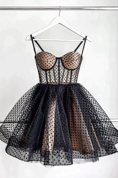 PM536,Cute Dots Black/White/Red A-Line Homecoming Dress