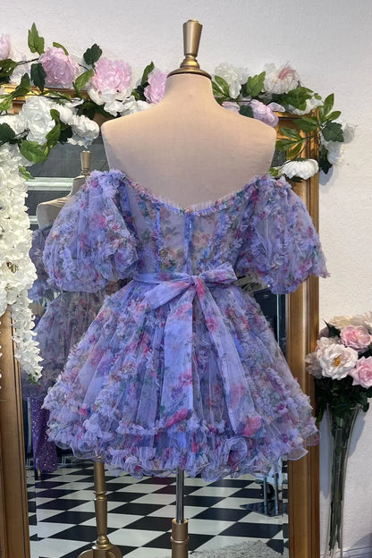 PM521,Lavender & Fuchsia Off-the-Shoulder Ruffles Homecoming Dress