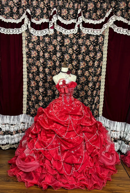 Vintage Red Sweetheart Sequin Strapless A-line 3D Flower  Prom Dress Evening Gown TP3786