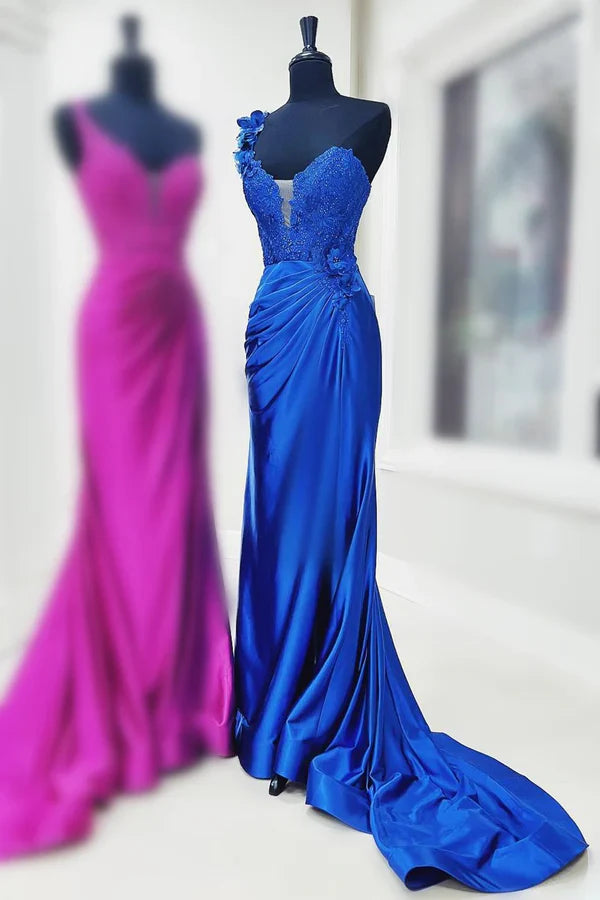 omberprom Fashion One-Shoulder Prom Dresses 3D Floral Lace Pleated Long Gown Evening Dress with Slit