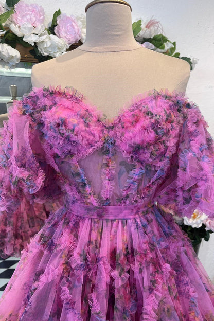 PM521,Lavender & Fuchsia Off-the-Shoulder Ruffles Homecoming Dress
