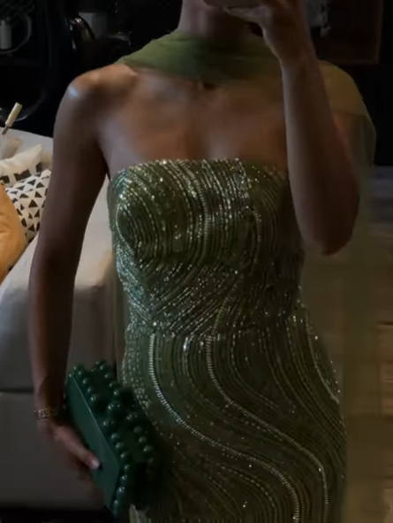 Gorgeous Strapless Apple Green Sequin Long Prom Dress Party Gown With Ribbon