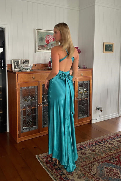 Chic Sheath Halter Neck Yellow Long Party Dress with Backless Bowknot