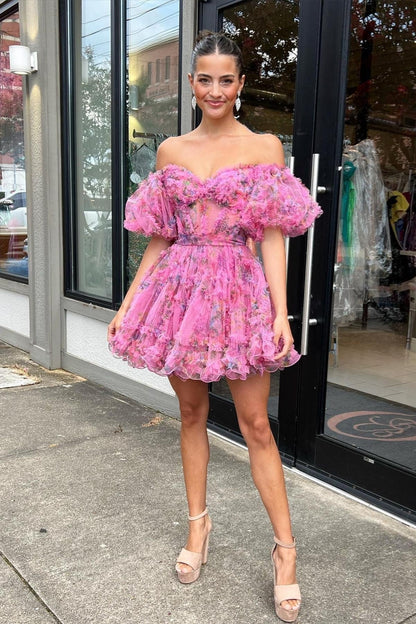 PM521,Lavender & Fuchsia Off-the-Shoulder Ruffles Homecoming Dress