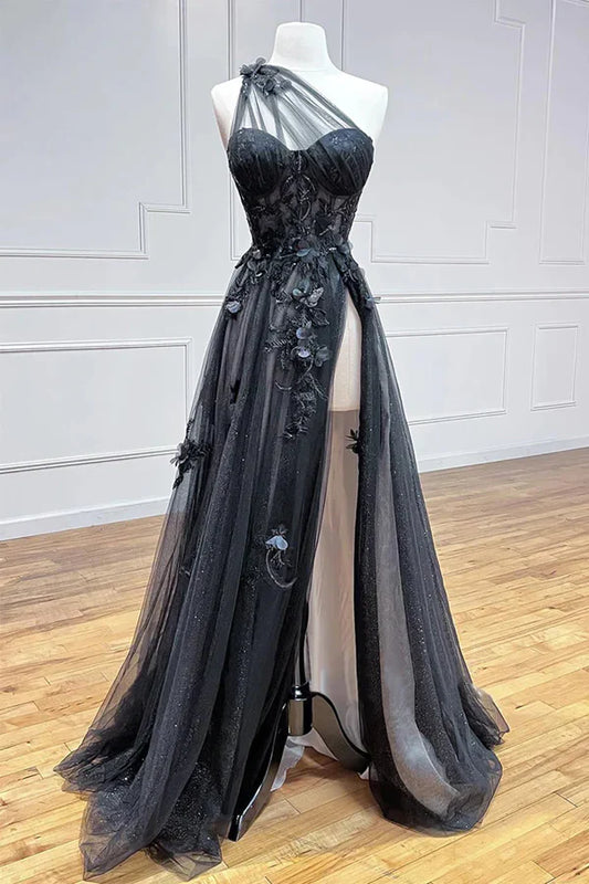 omberprom A Line Evening Dress One Shoulder Black Long Prom Dress with Appliques