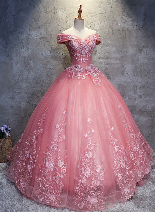 Dark Pink Princess Flowers Off Shoulder Sweet 16 Dress, Pink Formal Gown