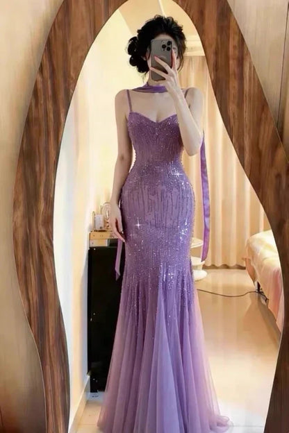 Charming Purple Chiffon Beaded Mermaid Long Prom Dress P3343