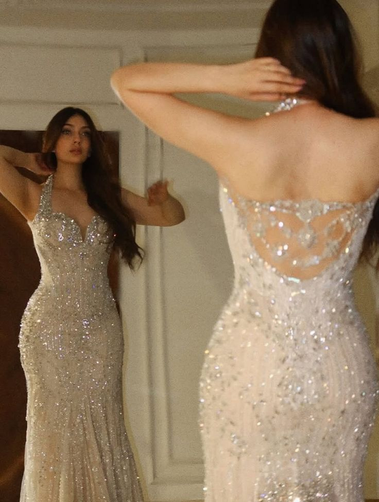 Gorgeous Halter Champagne Sequin Beaded Mermaid Long Evening Dress Birthday Outfits SP1021